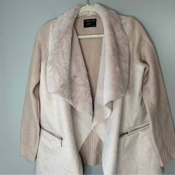Twelfth Love blush pink sweater/suede jacket w faux‎ fur draped collar. Size M - Picture 4 of 9